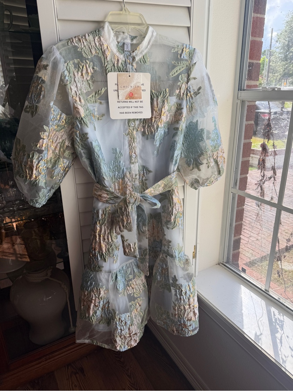 Chicwish Sheer Pastel Blue Organza Floral Dress with Belt